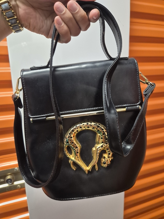 Vintage Handbags - Vintage Black Crossbody Bag with Gold Jaguar Accent